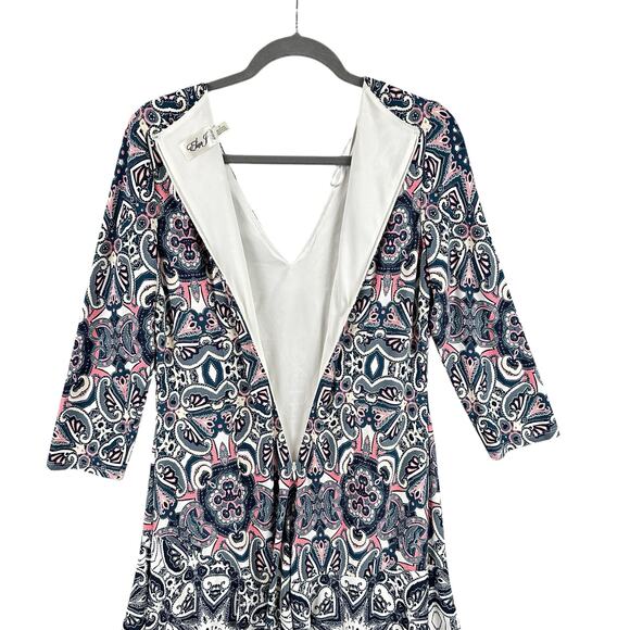 Eliza J Dress Size 8 Multicolor Paisley Print Stretch Knit Fit Flare 3/4 Sleeve - Picture 5 of 12